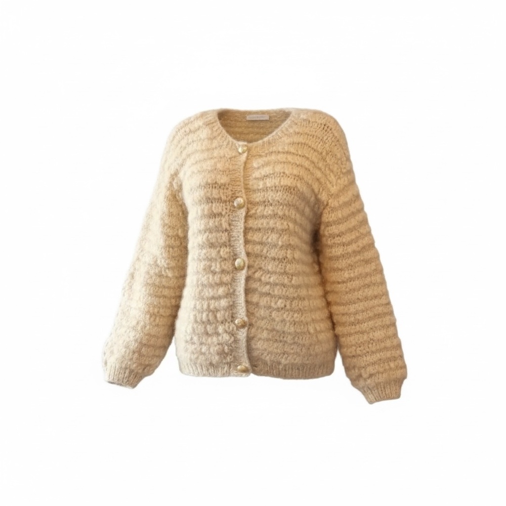 REIZ Vintage Handmade Cream/Gold Soft Women's Chunky Knit Sweater‎ Cardigan, Med